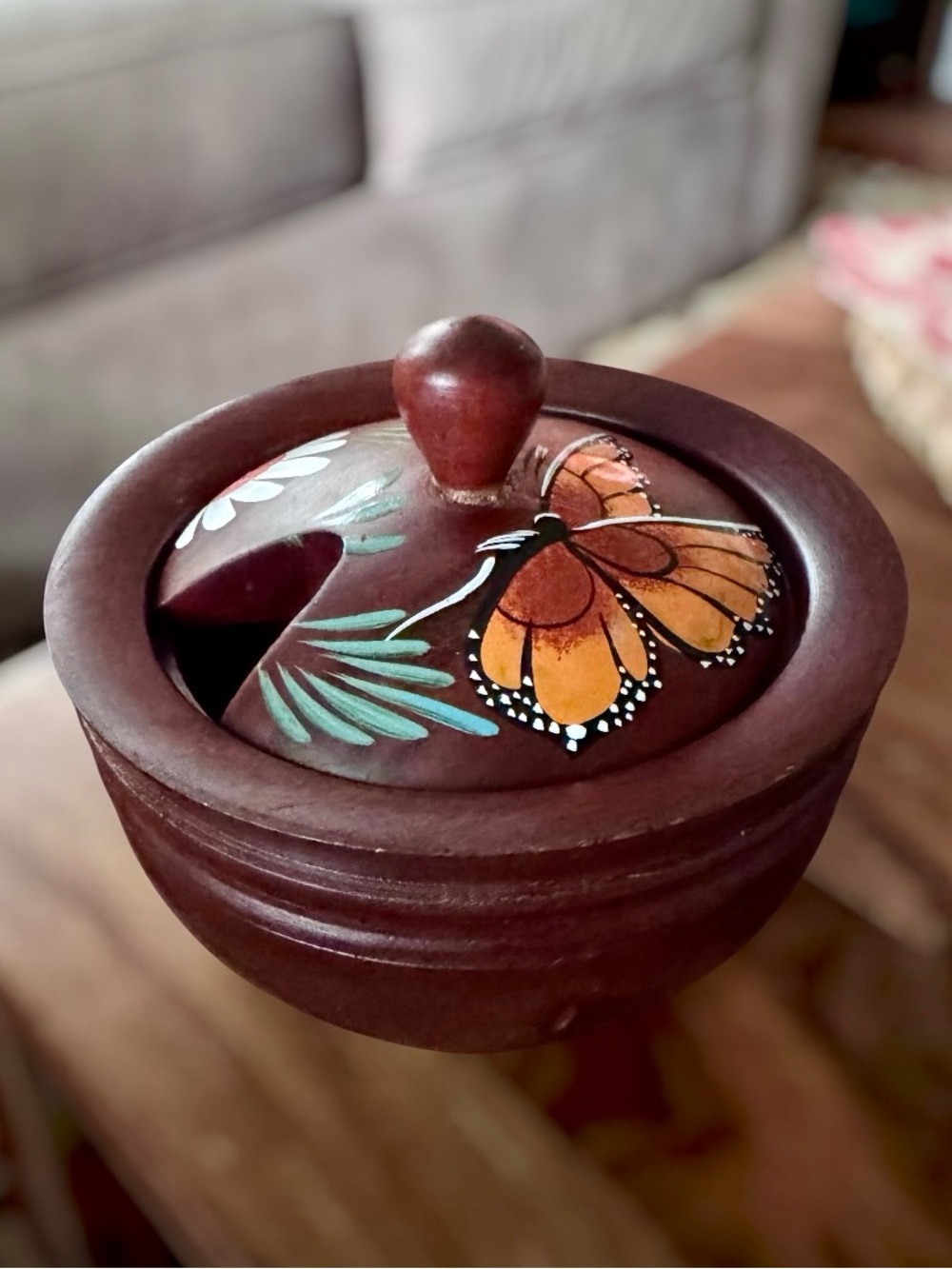 Vintage Wooden Bowl with Lid Tole Hand Painted Butterfly Trinket Sugar Folk Art